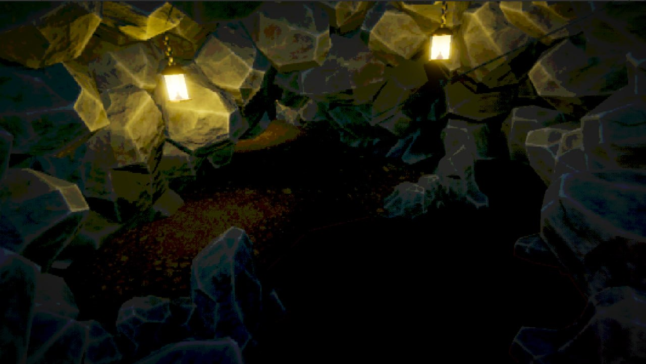 A dark mine junction lit by lamps