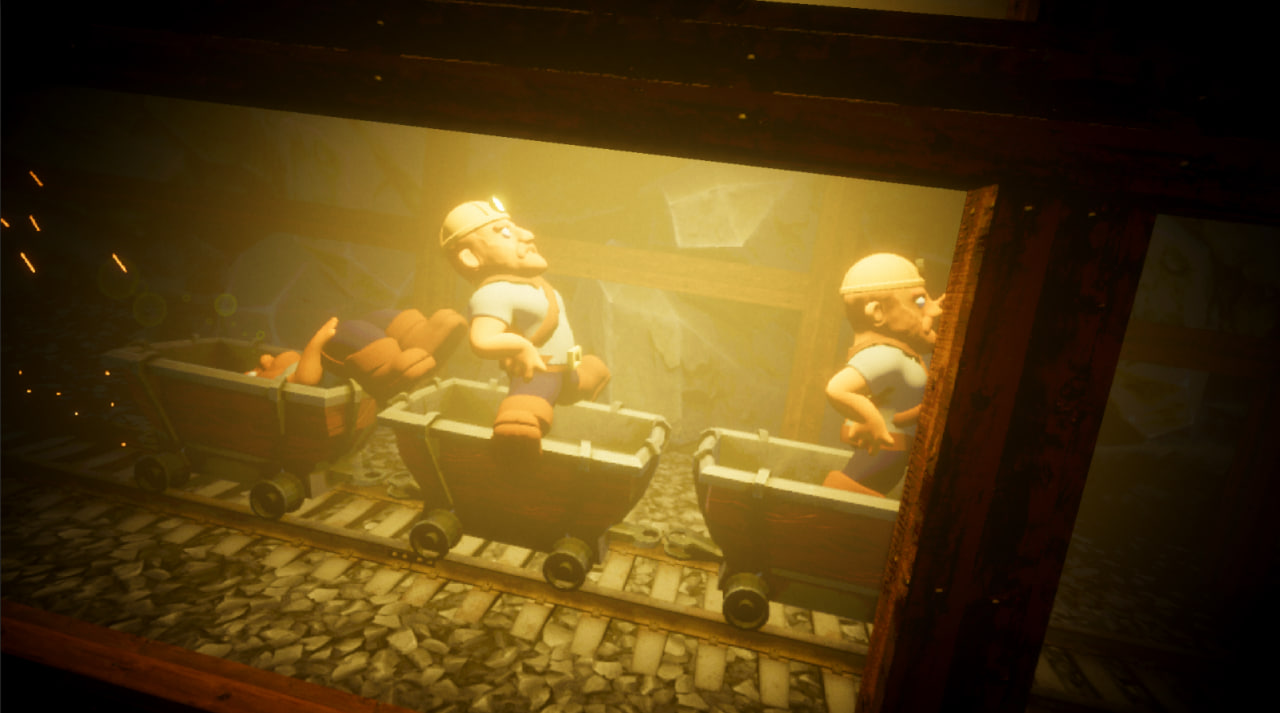 Miners riding carts through a Hollow Deep tunnel